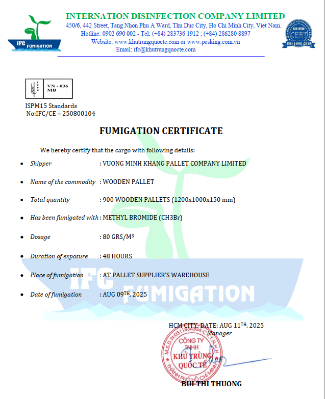 giấy chứng nhận khử trùng tại công ty pallet gỗ vương minh